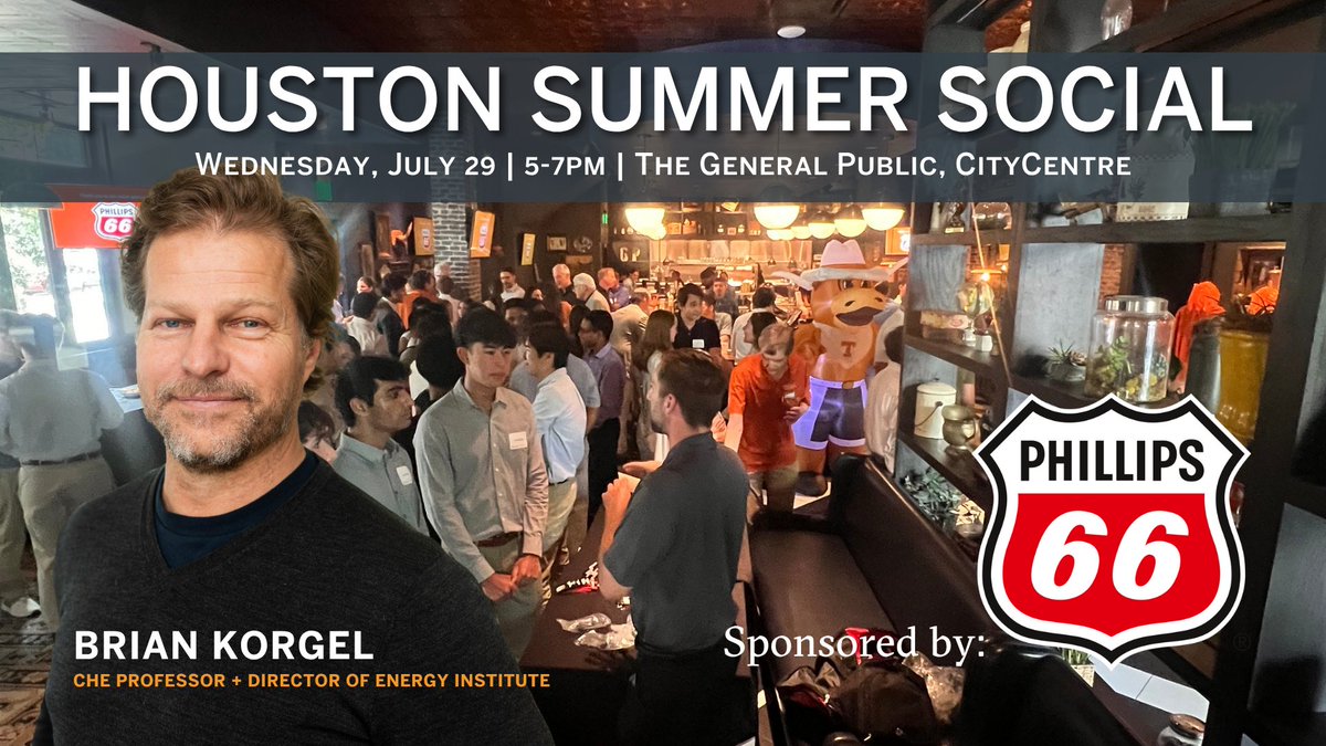 TexasChE's tweet photo. Join the energy synergy! @brian_korgel, Texas ChE professor + director of @EnergyUT joins our Houston July 29 social as guest celebrity. RSVP (OPEN thru Wed 07/22) > https://t.co/fqj0k4PuNl to mingle with ChE + ME students and ChE alumni.🤘 https://t.co/xy7QJvsLuX