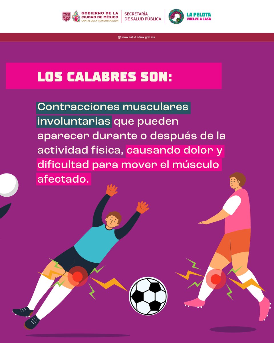 SSaludCdMx's tweet photo. ⚽😖 ¿Alguna vez te ha dado un calambre al jugar fut? ¿Sabes por qué suceden? 🤔 ¡En esta publicación te lo contamos!

💪📲 Compártela con tus amixes más futboleras y futboleros para que también conozcan este #DatoFutbolero y sepan cómo prevenirlos. ✅

#SaludEnLaCancha #LaPelotaVuelveACasa #SaludPública #LaPrevenciónEsParteDelJuego #PrevenirEsGanar