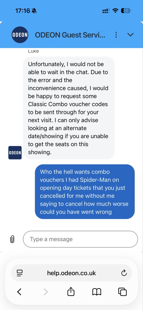yumun987's tweet photo. I can’t believe this, I was asking an Odeon Worker if it’s possible to cancel and rebook my tickets with my limitless to save money, instead, he cancelled it without my confirmation and lost my opening day Spider-Man tickets. 😭
@ODEONCinemas @ODEONHelp @SpiderManMovie https://t.co/RznZ5yJWwT