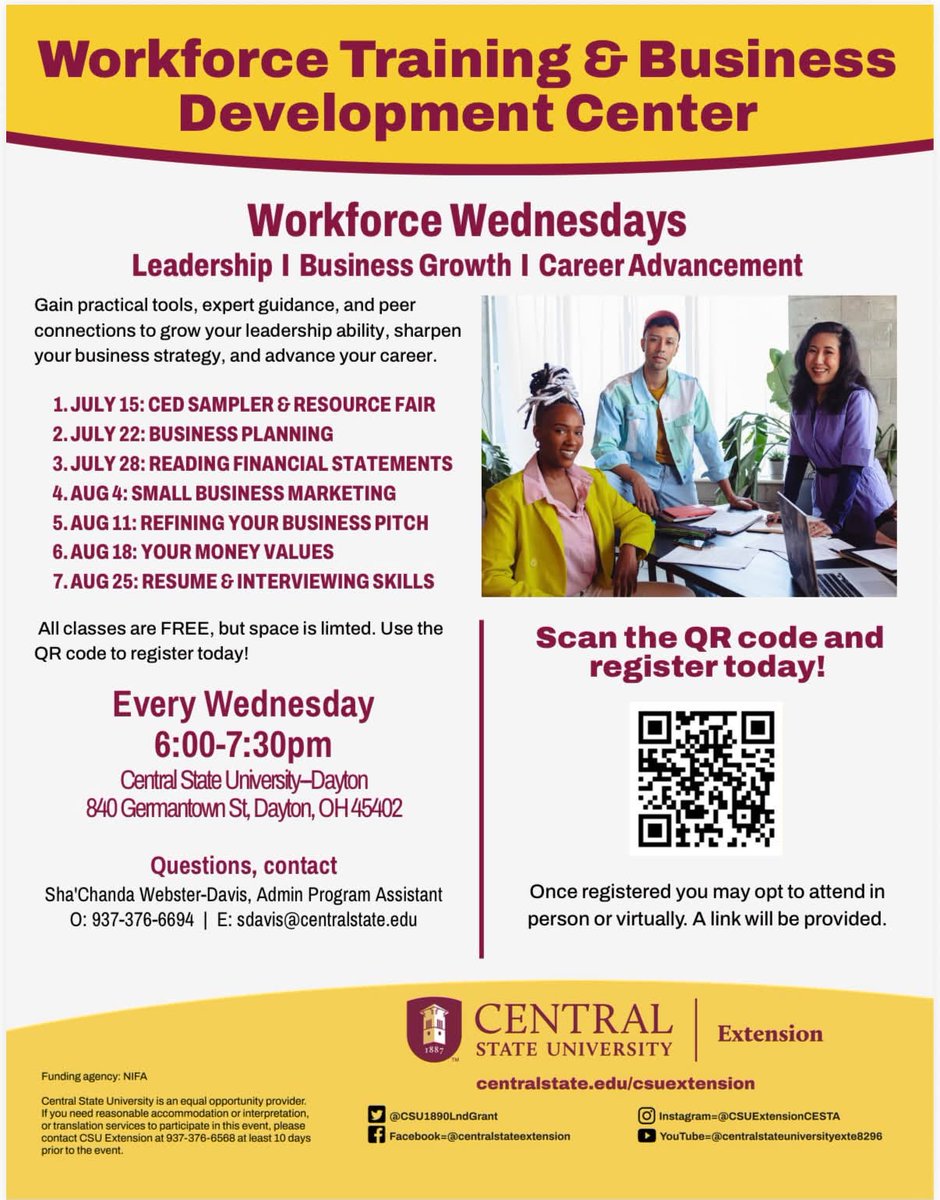 centralstate90's tweet photo. Looking to grow your leadership, business, or career? Join us for Workforce Wednesdays!

Walk-ins are welcome and encouraged! These FREE workshops are designed to help you succeed in your career.

📷 Central State University–Dayton
📷 Wednesdays | 6:00–7:30 PM https://t.co/Dm3RmHQe3t