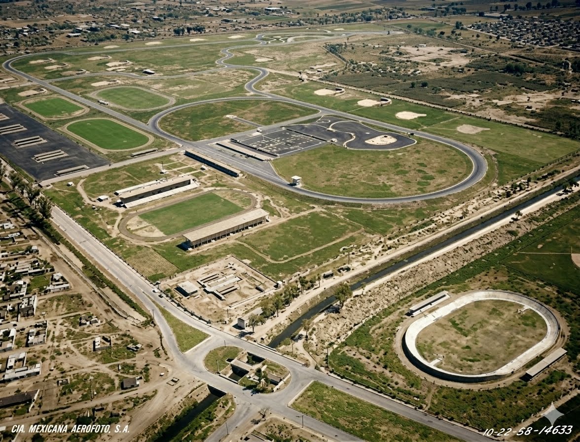 MXESTADIOS's tweet photo. Así era la Ciudad Deportiva Magdalena Mixhuca en noviembre de 1958.
Se aprecia la pista del Autódromo Hermanos Rodríguez y al lado el Estadio Jesús "Palillo" Martínez.
Ahí puedes ver el Río Churubusco, un río real que con el tiempo fue entubado y sobre él pasa ahora la Avenida Río Churubusco.

*Imagen colorizada del original.