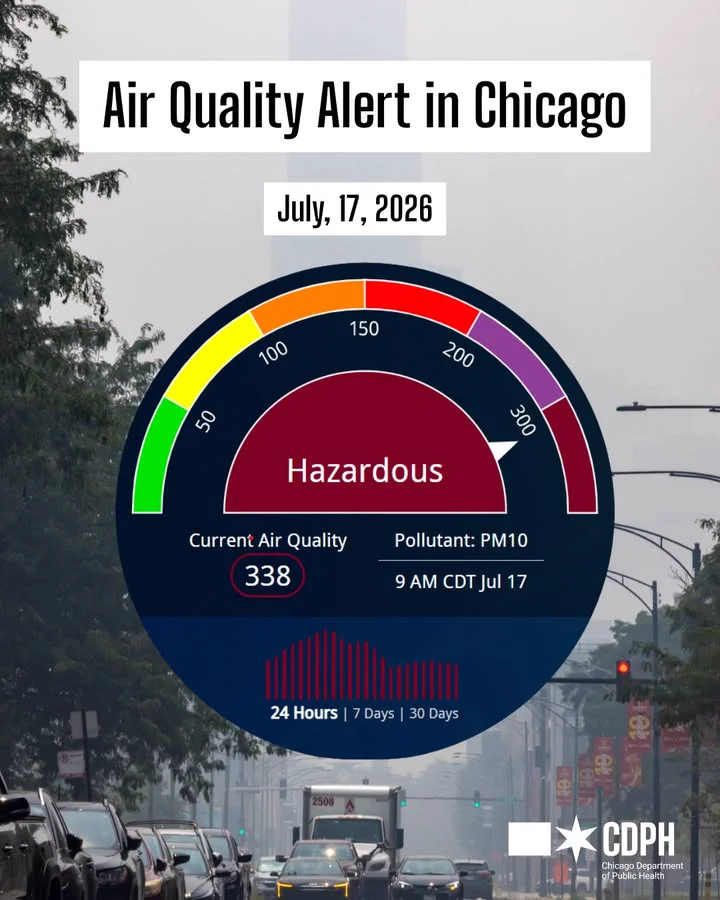 The image displays an air quality alert for Chicago on July 17, 2026. A circular gauge shows "Hazardous" air quality with a reading of 338. The pollutant is PM10, measured at 9 AM CDT. A graph shows air quality trends over 24 hours, 7 days, and 30 days. The Chicago Department of Public Health logo is at the bottom.