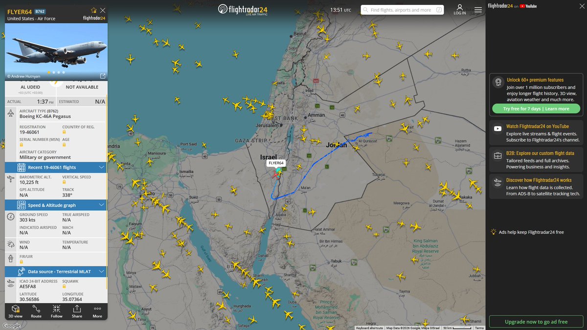 AIYeyENGDdJkjTr's tweet photo. July 17, 2026
#Al-Udeid Air Base ==> #Southern Israel
#FLYER64 #AE5FA8 USAF KC-46A Pegasus https://t.co/H9Y9Y7NHNK