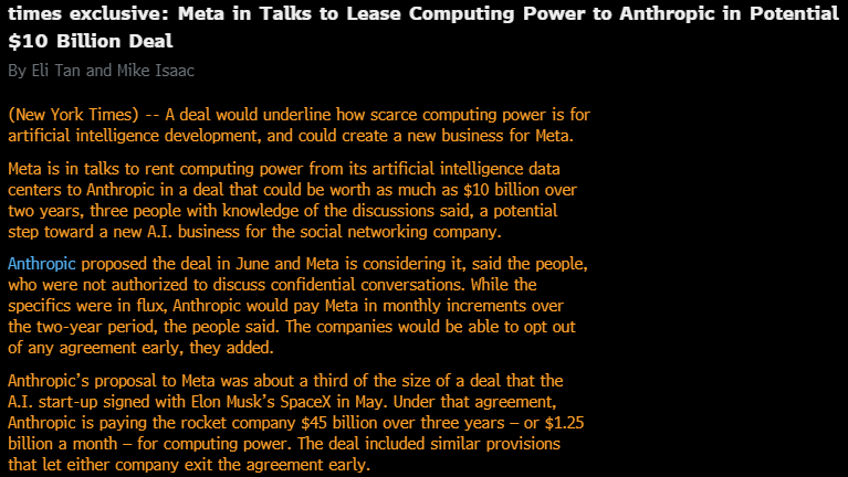 negligible_cap's tweet photo. *META IN TALKS TO LEASE COMPUTING POWER TO ANTHROPIC: NYT

Deal worth as much as $10B over 2 years for $META https://t.co/FoGeLmkni3