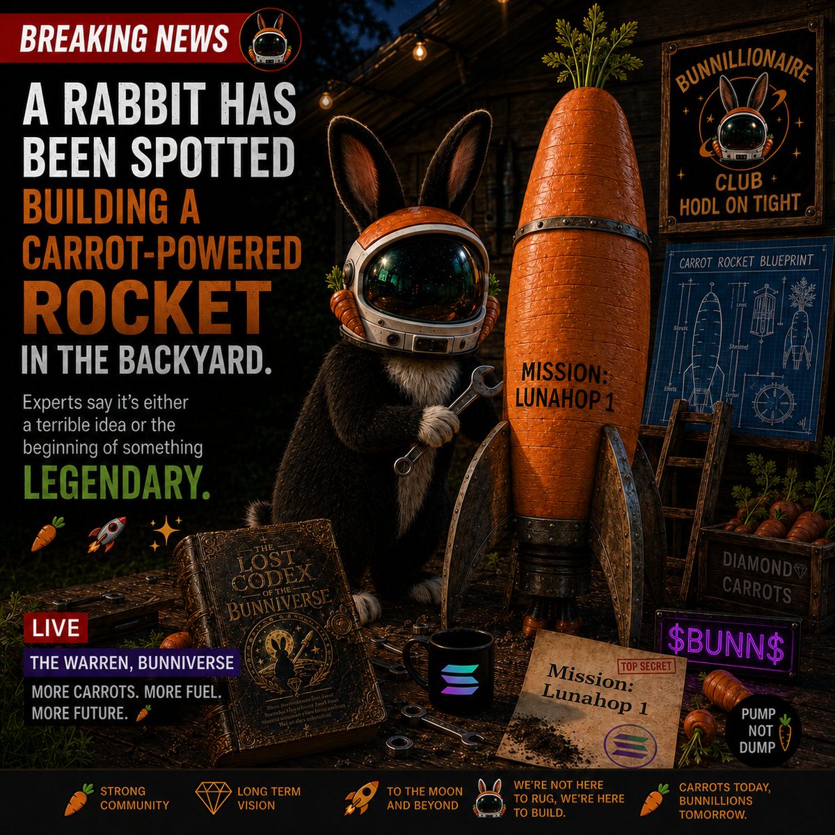Bunnillionaire's tweet photo. Breaking news:

 A rabbit has been spotted building a carrot-powered rocket in the backyard.  

Experts say it's either a terrible idea or the beginning of something legendary. 🥕🚀

 #Bunnillionaire #BunnillionaireClub #BreakingNews #Memecoin