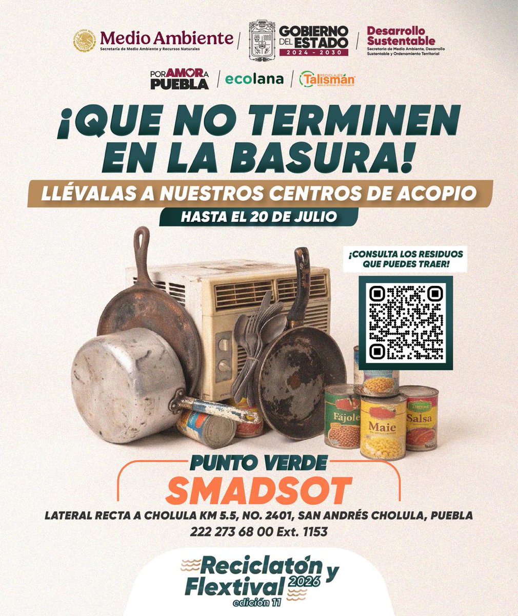 PCGobPue's tweet photo. ♻️ ¡Haz espacio en casa!

El @Gob_Puebla te invita a participar en el #Reciclatón y #Flextival. Lleva tus dispositivos electrónicos y otros residuos en desuso al Punto Verde y contribuye al cuidado del medio ambiente.

📅 Hasta el 20 de julio
📍 Lateral Recta a Cholula km 5.5, #2401, San Andrés Cholula
📞 222 273 68 00 Ext. 1153

#PorAmorAPuebla
