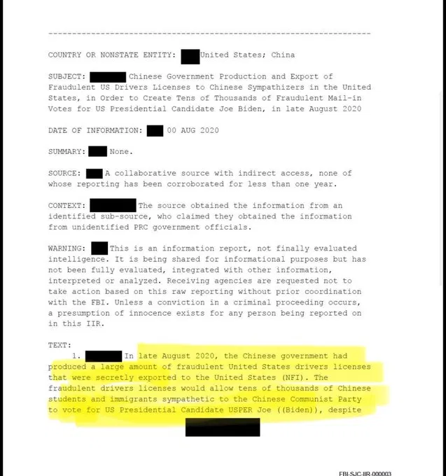 FirebirdMG's tweet photo. FBI declassified document exposes: CCP manufactured tens of thousands of fake driver's licenses to help swing mail-in votes for Biden?!

This document is already declassified and public — file number FBI-SJC-IIR-000003, not something anyone made up. It states plainly: in late August 2020, the Chinese government produced a large quantity of counterfeit U.S. driver's licenses and secretly shipped them into the United States, enabling tens of thousands of CCP-sympathetic Chinese students and immigrants to vote fraudulently for Biden.
But the sharper question isn't "what did the CCP do."
It's this: if this is true, who inside America made it possible?
A fake license doesn't become a valid ballot on its own. It has to clear voter registration, identity verification, signature matching. The CCP can't pull that off alone — either the system itself was wide open, or someone let it through.
Then-Director Wray testified to Congress on September 24, 2020 that the FBI had seen "no coordinated national voter fraud effort." If this report was already sitting on his desk by then, was that selective blindness, or did he mislead Congress under oath?
The document says headquarters "recalled the report and ordered all copies destroyed." Who gave that order? Where's the paper trail?
What happened to the source and the sub-source afterward? Still around — or made to disappear?
Grassley got the document and handed it to Congress for review. Why hasn't it been referred to DOJ for a criminal investigation?
This isn't just a story about CCP infiltration. The real question is: 
if someone found this and chose to bury it, who made that call on behalf of the American people — and why?