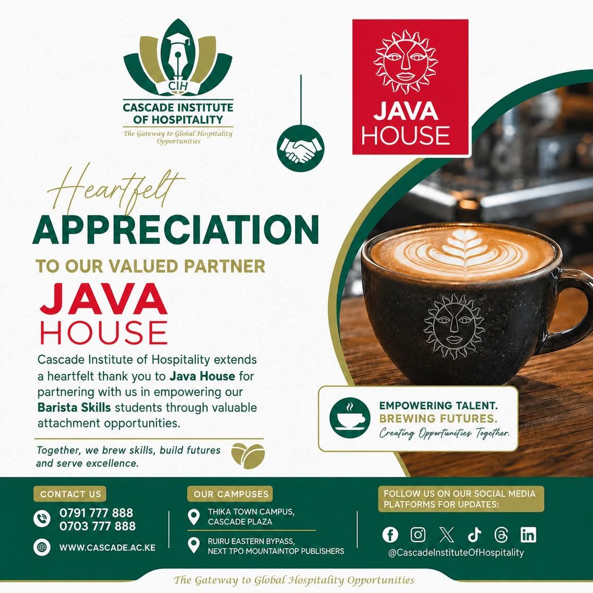 CIH_KE's tweet photo. At Cascade Institute of Hospitality, we extend our sincere gratitude to 𝐉𝐚𝐯𝐚 𝐇𝐨𝐮𝐬𝐞 for partnering with us to empower our Barista Skills students through valuable industry attachment opportunities. https://t.co/uXQOnu8eB9