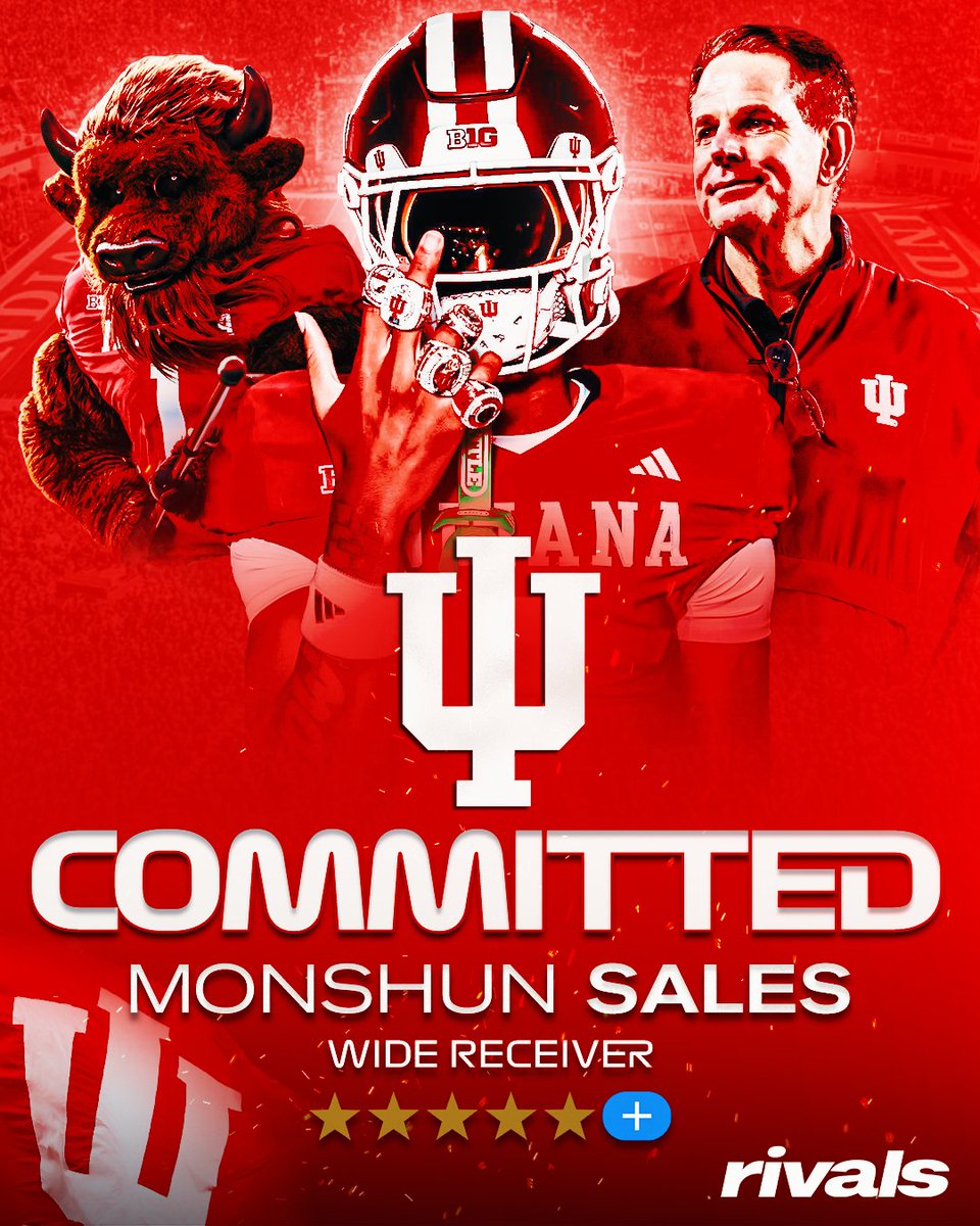 Rivals's tweet photo. 🚨BREAKING🚨 Five-Star Plus+ WR Monshun Sales has committed to Indiana🔴⚪️

Read: https://t.co/7L76WbwMiA https://t.co/GC6srzsK2a