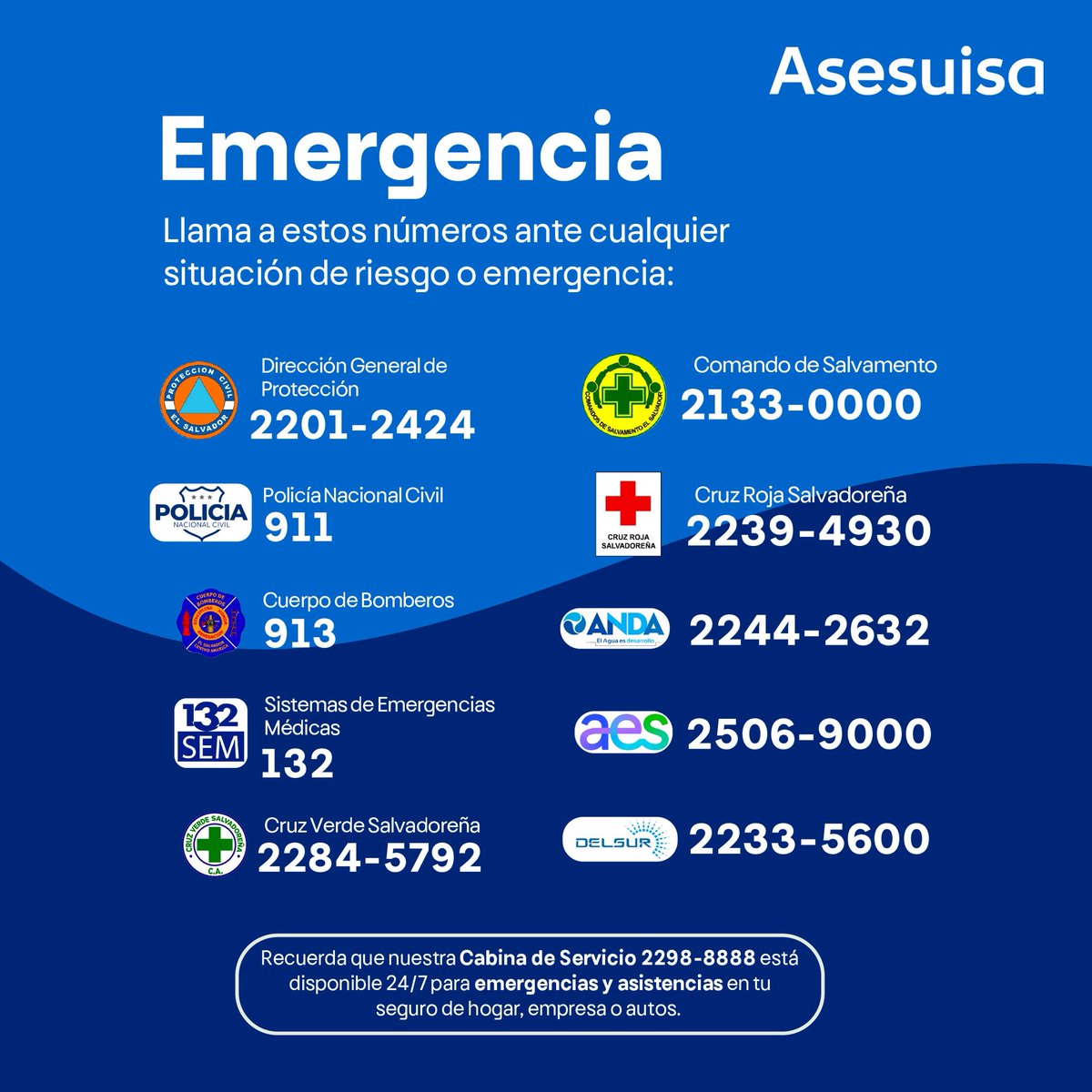 ASESUISA's tweet photo. Recuerda que puedes llamar a nuestra Cabina de Servicio al 2298-8888 para recibir asistencia en tu seguro de hogar, empresa o autos. ✨
#Asesuisa #ContigoEnTodas #Sismos #NewsAsesuisa #Sismosv https://t.co/Li4g9ePgpd