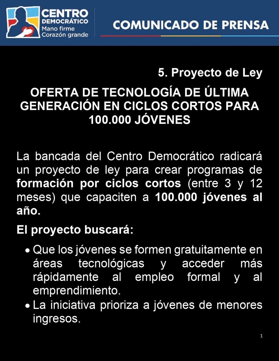 AlvaroUribeVel's tweet photo. 5. Proyecto de Ley

Oferta de tecnología de última generación en ciclos cortos para 100.000 jóvenes. https://t.co/JgmD0Y13X4