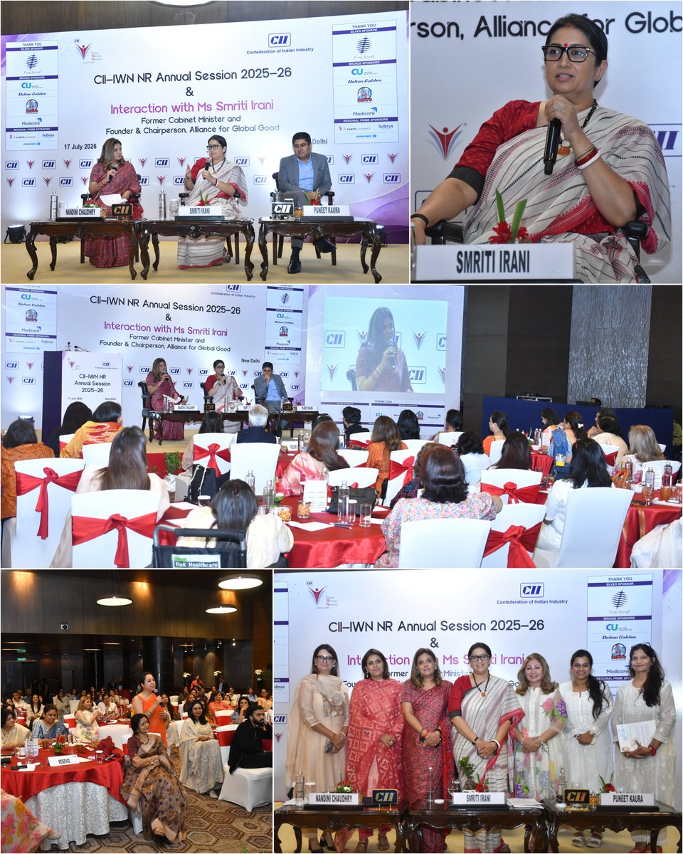 smritiirani's tweet photo. Engaged in meaningful conversations at the @FollowCII Indian Women Network (IWN) Northern Region Annual Session 2026 in New Delhi.

Spoke about how true economic progress demands that we pivot from merely creating opportunities to building institutional ecosystems that foster leadership, mentorship, entrepreneurship, and collaborative networks. Equally important is removing the barriers that prevent women from achieving their full potential.

In an era defined by AI and rapid technological change, women's leadership across business, academia, governance, and civil society will be critical to driving inclusive growth.

@CIICWL