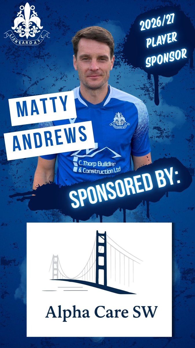 LiskeardAthlet1's tweet photo. 🤝 PLAYER SPONSOR

Matty Andrews is proudly sponsored by Alpha Care SW for the 2026/27 season!

We’d like to thank Alpha Care SW for their valued support and for joining us on our journey this season. We’re proud to have local businesses backing the Blues this season. 💙⚽️ https://t.co/FNFGBHSyAK