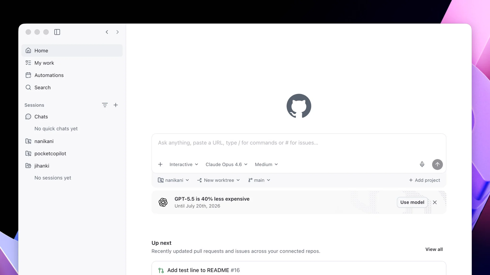 GitHub Copilot app showing GPT-5.5 is 40% off for Pro+ users this weekend, until 00:00 UTC July 20.