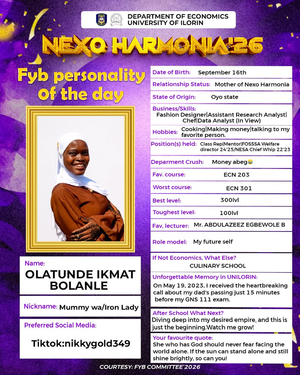 Nexo_harmonia's tweet photo. UNVEILING OUR FINALIST OF THE DAY!

Meet Olatunde Ikmat, a remarkable finalist whose journey has truly been inspiring.

Congratulations on making it to the finals! 🥳🎉
Wishing you the very best in your future endeavors. 🤗💫
Cheers to greatness! 🤩🎓 https://t.co/oUDDHMSICz