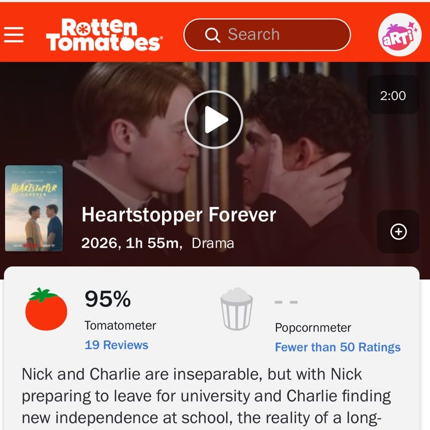 tracklist's tweet photo. ACLAMADO! “Heartstopper Para Sempre” está com 95% da aprovação da crítica no Rotten Tomatoes (19 avaliações). 🍅 https://t.co/N1PYn3rhGO