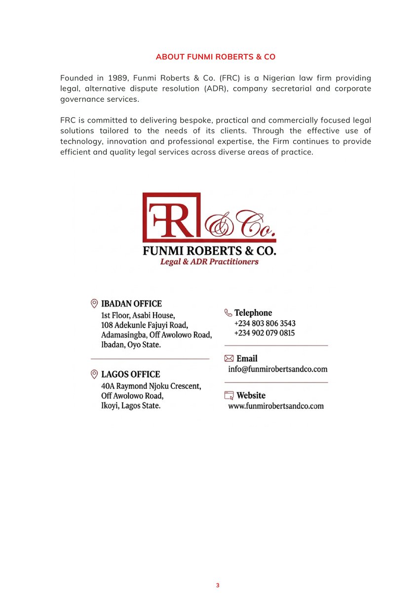 FunmiRobertsLP's tweet photo. CAC’S ENFORCEMENT OF SECTION 304 AND 729 OF CAMA: WHAT NIGERIAN COMPANIES NEED TO KNOW.
#nba #frc #lawfirms #cac #lawyers #information #cama https://t.co/3uL3F7lYMY
