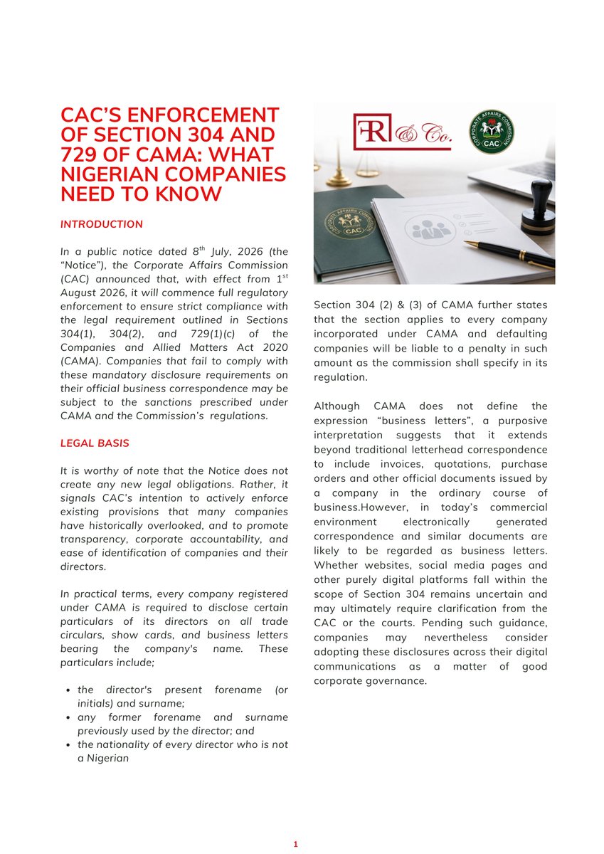 FunmiRobertsLP's tweet photo. CAC’S ENFORCEMENT OF SECTION 304 AND 729 OF CAMA: WHAT NIGERIAN COMPANIES NEED TO KNOW.
#nba #frc #lawfirms #cac #lawyers #information #cama https://t.co/3uL3F7lYMY