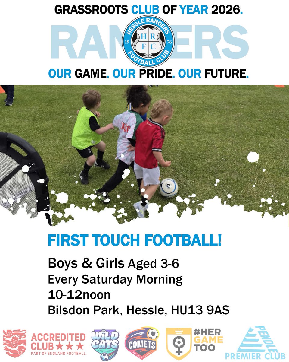 HessleRangers's tweet photo. #FirstTouchFootball at Hessle Rangers is ON as normal on Saturday morning! New players, both boys and girls aged 3-6, can just turn up! 

⏰ 10am - Ages 3-4
⏰ 11am - Ages 5-6
🌏 Bilsdon Park, Beverley Road, Hessle, HU13 9AS

🩵🤍 #UTR #OurGameOurPrideOurFuture https://t.co/5weXwxhbDf