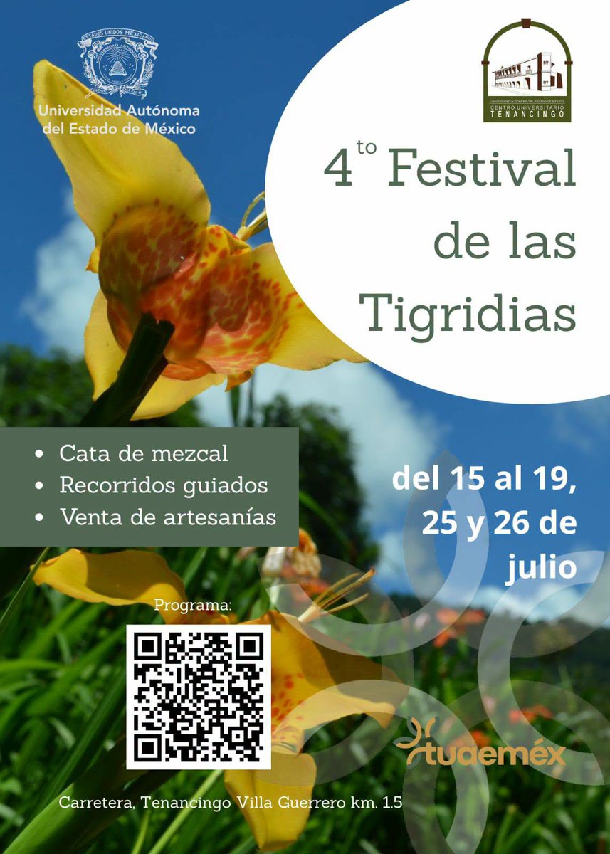 UAEM_MX's tweet photo. 🌸 Hay flores que solo nos regalan su belleza una vez al año… 

Ven a conocerlas en el Cuarto Festival de las Tigridias y disfruta de las actividades preparadas para toda la comunidad.

📅 25 y 26 de julio.
📍 Centro Universitario UAEM Tenancingo.

#tuaeméx https://t.co/Npw1SCmeAT