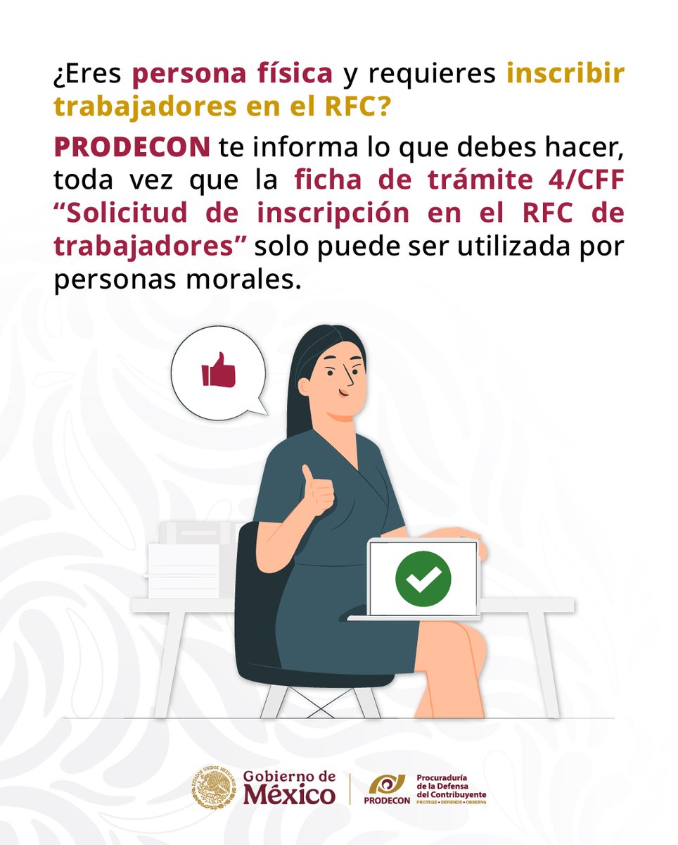 ProdeconMexico's tweet photo. #PRODECONTeInforma 📢

¿Necesitas inscribir en el RFC a las personas que trabajan contigo?💻

Si eres persona física, toma en cuenta que este trámite  tuvo modificaciones. Esto no significa que tus personas trabajadoras ya no puedan obtener su inscripción; únicamente cambió el procedimiento. ✅

Infórmate: dale clic al enlace ➡️ https://t.co/sBf0nT1PC9

En #PRODECON te brindamos orientación gratuita para que conozcas el proceso actualizado y cumplas correctamente con tus obligaciones fiscales. 🤝📄

#PorTiEstamosAquí