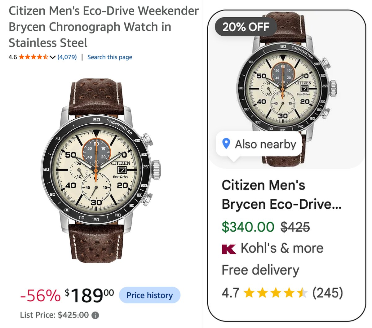 $236 OFF CITIZEN ECO-DRIVE CHRONOGRAPH WATCH Amazon has this $425