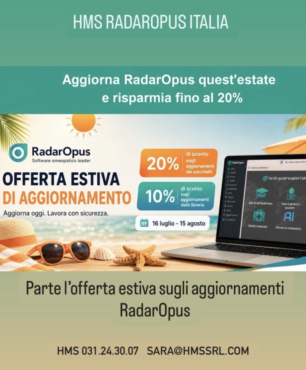 HmsRadarOpus's tweet photo. Offerta estiva sugli aggiornamenti di RadarOpus fino al 15 agosto
#radaropusitalia #homeopathy #omeopatia https://t.co/xLGzckzRyo