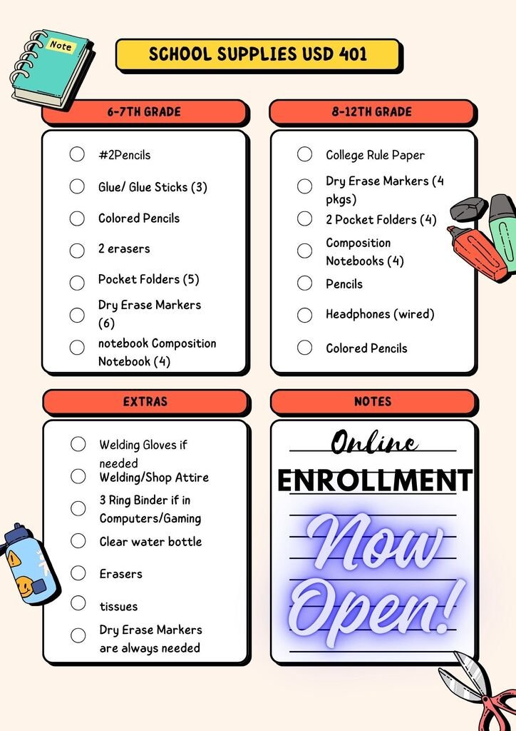 activites_chase's tweet photo. Online Enrollment is now open for USD 401 PreK-12th  returning students. Enrollment fees  $10 for K-7 &amp; $15 for 8-12th. 
https://t.co/vr9ma0CjLL 
If you are new to the district or enrolling a PreK child for the first time please come to the Cafeteria on Wednesday July 22, 2026 https://t.co/2Jfcjkskv0