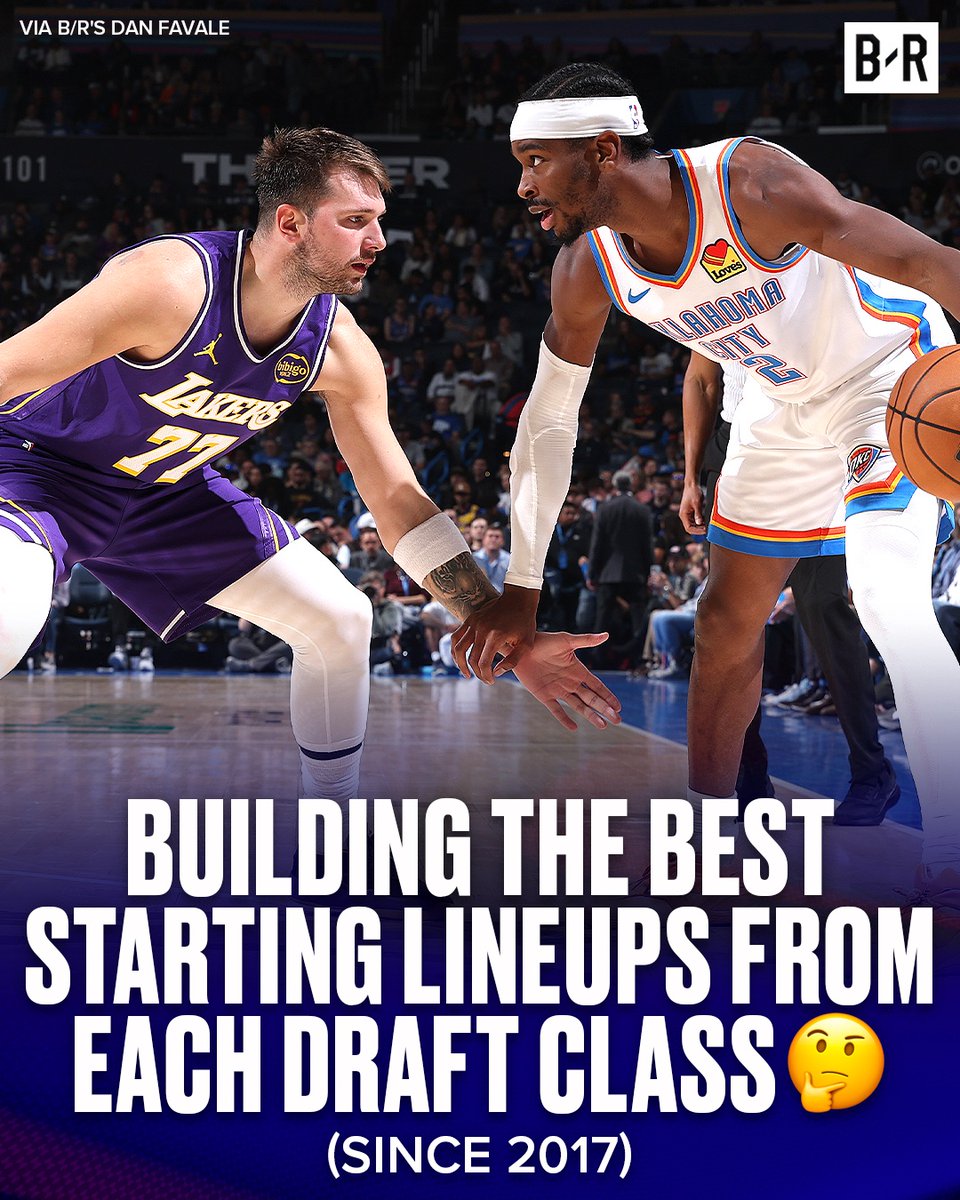 BleacherReport's tweet photo. Which draft class has the best starting five?🤔

2018: Luka and Shai teamup 😳
2020: Ant and Hali front-court 👀
2021: Mobley and Scottie defense 😮‍💨

Full lineups here: https://t.co/rt03PqCWru https://t.co/lRwUr6bFap