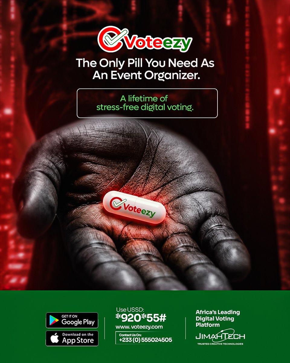 voteezy's tweet photo. Running an awards show, pageant, or talent competition? Say goodbye to the stress, tracking headaches, and voting drama.

With Voteezy, we give you a lifetime of stress-free digital voting. Fast, secure, and completely transparent for both you and your audience.
Take the easy choice. Get started today.

How to vote or set up your event:
USSD: Dial *920*55#
Web: Visit https://t.co/RRVCE1SolH
App: Download the Voteezy app on the Google Play Store or Apple App Store

Support: Contact us on +233 (0) 555024505

Africa's Leading Digital Voting 

Platform. Powered by JimahTech. 

#Voteezy #EventOrganizers #DigitalVoting #GhanaEvents #EventManagement #JimahTech #SecureVoting