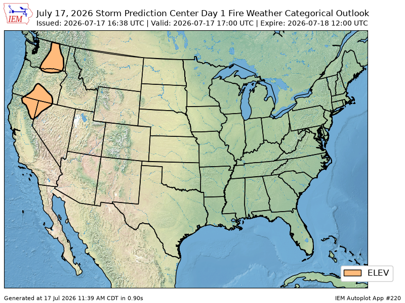 onlyiemwarnings's tweet photo. The Storm Prediction Center issues Day 1 Fire Weather Outlook (Max Risk: Elevated) at Jul 17, 16:38z https://t.co/l563YMEGUM https://t.co/T9QKliRuXd