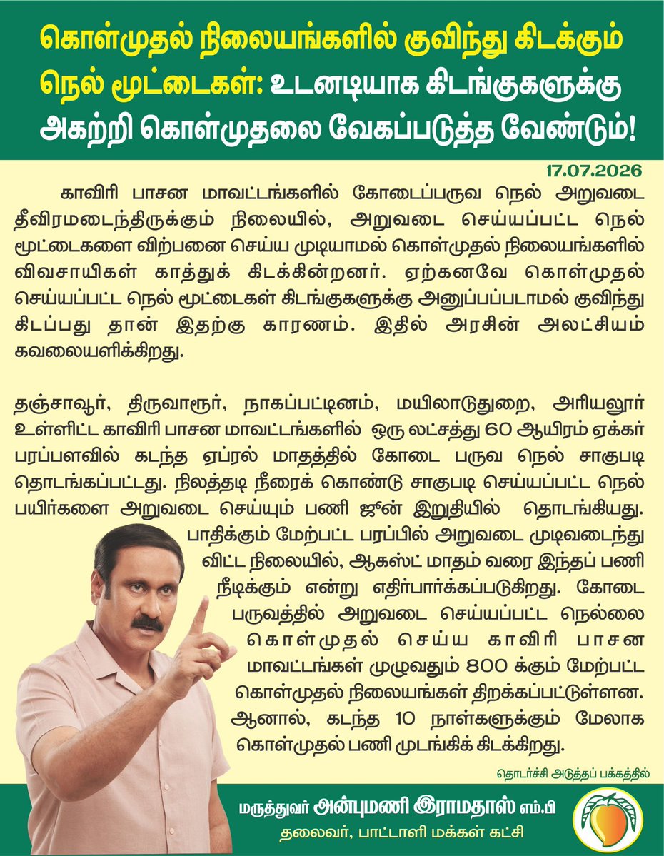 draramadoss's tweet photo. கொள்முதல் நிலையங்களில் குவிந்து கிடக்கும் நெல் மூட்டைகள்: உடனடியாக கிடங்குகளுக்கு அகற்றி கொள்முதலை வேகப்படுத்த வேண்டும்! @CMOTamilnadu https://t.co/41VjZSyQVi