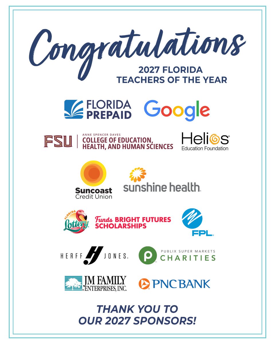EducationFL's tweet photo. The #FLTOY2027 are arriving for the first day of the Florida Teacher of the Year roundtable! Special thanks to our partners in education @Google @MyFloridaPrepaid @FSUAnnes College @SuncoastCU @HeliosEdFnd @SunHealthFL @FloridaLottery @insideFPL @HerffJones @Publix @JMFamilyEnterprises @PNCBank