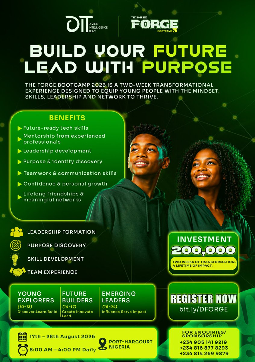 divintelteam's tweet photo. Give your child the opportunity to learn, lead, and grow. 💚

The Forge Bootcamp 2026 equips young people with practical skills, mentorship, leadership, and purpose in just two weeks.

Registration is now open. Secure a spot today!
#TheForgeBootcamp #LeadWithPurpose #Youth https://t.co/KeI8xNhDxx