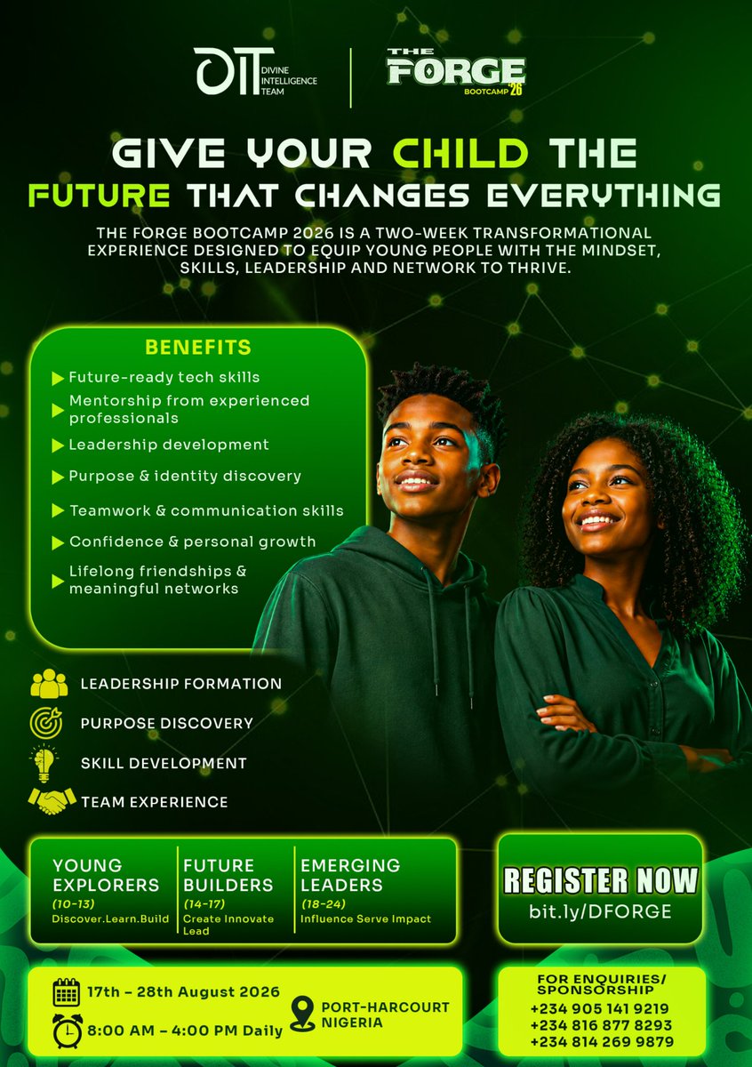 divintelteam's tweet photo. Give your child the opportunity to learn, lead, and grow. 💚

The Forge Bootcamp 2026 equips young people with practical skills, mentorship, leadership, and purpose in just two weeks.

Registration is now open. Secure a spot today!
#TheForgeBootcamp #LeadWithPurpose #Youth https://t.co/KeI8xNhDxx