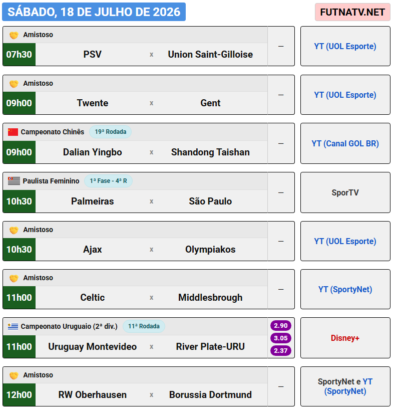 futnatv's tweet photo. A programação do futebol neste sábado (18/7/2026) https://t.co/mWO92w07Iq
