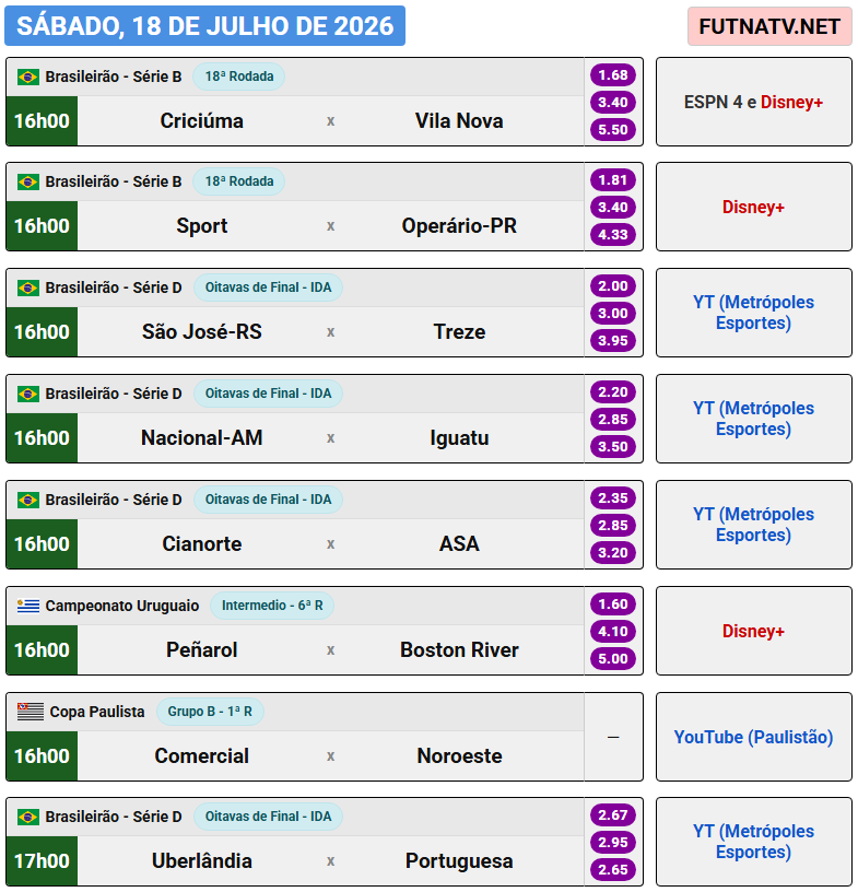 futnatv's tweet photo. A programação do futebol neste sábado (18/7/2026) https://t.co/mWO92w07Iq