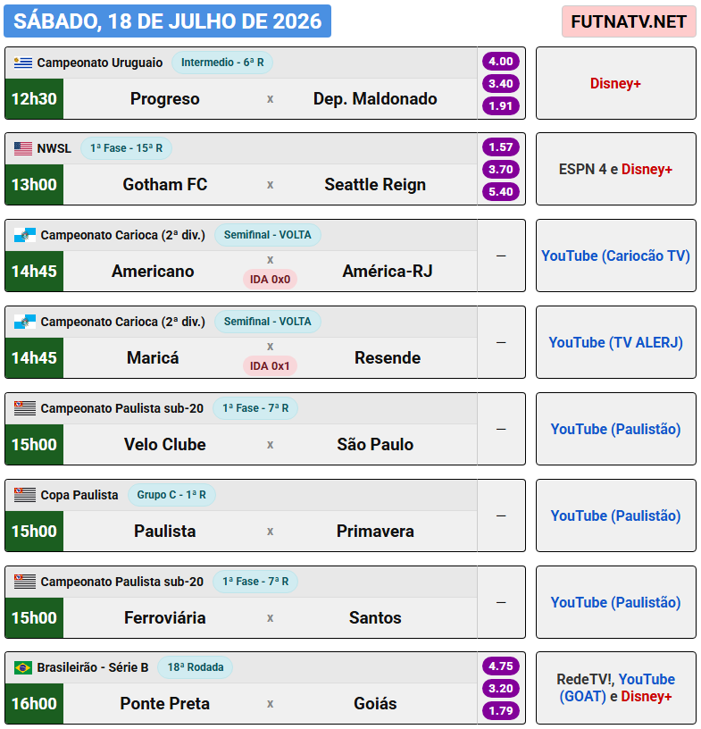 futnatv's tweet photo. A programação do futebol neste sábado (18/7/2026) https://t.co/mWO92w07Iq