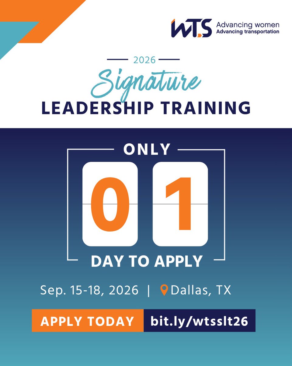 WTS_Org's tweet photo. Tomorrow is the final day to join this year’s Mid-Career Leadership or the Executive Leader cohorts. This immersive experience helps you grow your #leadership skills, expand your network, and earn AICP CM credits.

Applications close July 19: https://t.co/q9ZXbJ4x2x

#WTSSLT26 https://t.co/hDfP9mgMn0