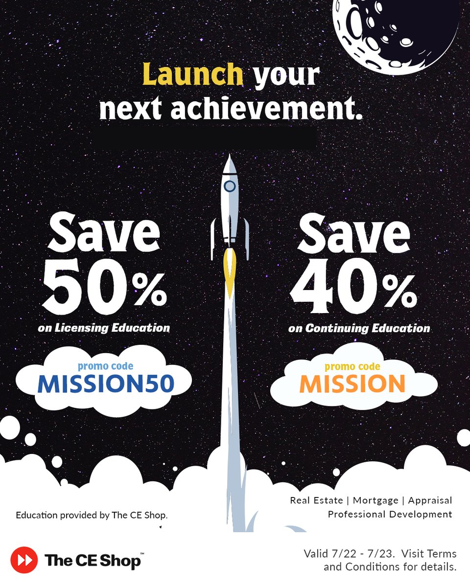 BianchiRealty's tweet photo. Mission: Career Growth is officially underway. For two days only,

save 50% on Pre-Licensing with code MISSION50
and save 40% on Continuing Education with code MISSION

when you visit https://t.co/6k4PtshxSZ

This limited-time opportunity is available for two days only. https://t.co/9BK1untRBg