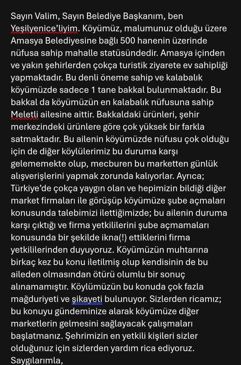 mtatarli's tweet photo. Sayın Valim, Sayın Belediye Başkanım, ekte sizinle paylaştığım konu hususunda yardımlarınızı rica ederim. Saygılarımla @AmasyaValiligi https://t.co/alVGXIWhee