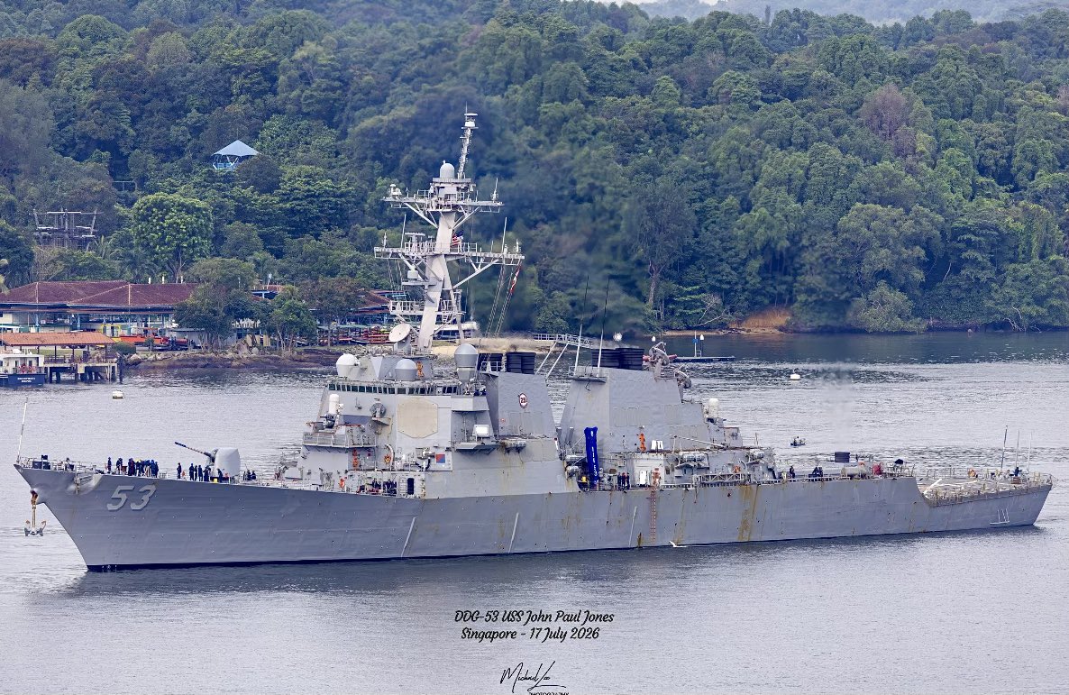 WarshipCam's tweet photo. USS John Paul Jones (DDG 53) Arleigh Burke-class Flight I guided missile destroyer coming into Singapore - July 17, 2026    SRC: INST- moonstriker.milnut https://t.co/iAqf0wKaRZ