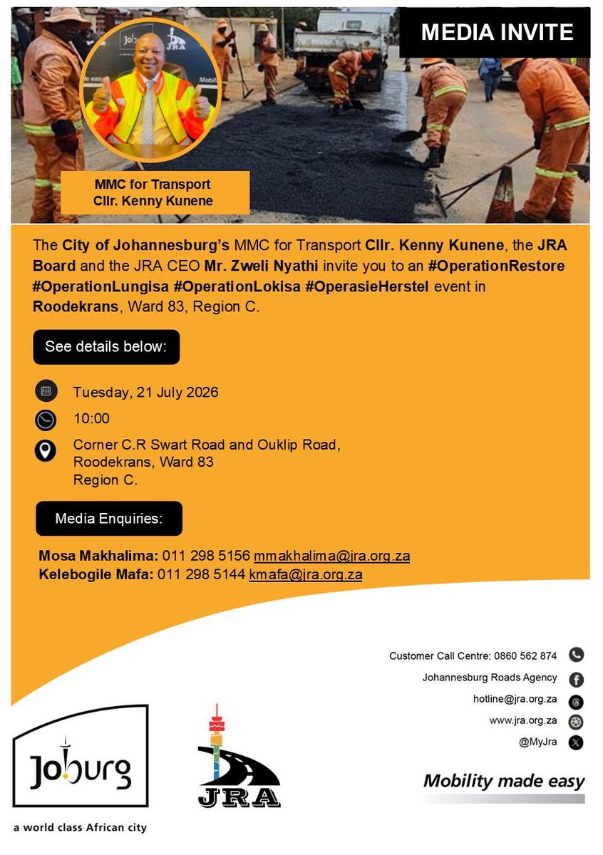 MyJRA's tweet photo. MMC Kenny Kunene and the JRA team will officially launch #OperationRestore in Roodekrans, Ward 83, on Tuesday, 21 July 2026.
This service delivery campaign focuses on accelerating infrastructure repairs, rehabilitating road surfaces, and enhancing overall safety in the area. https://t.co/d0fxjicsKz