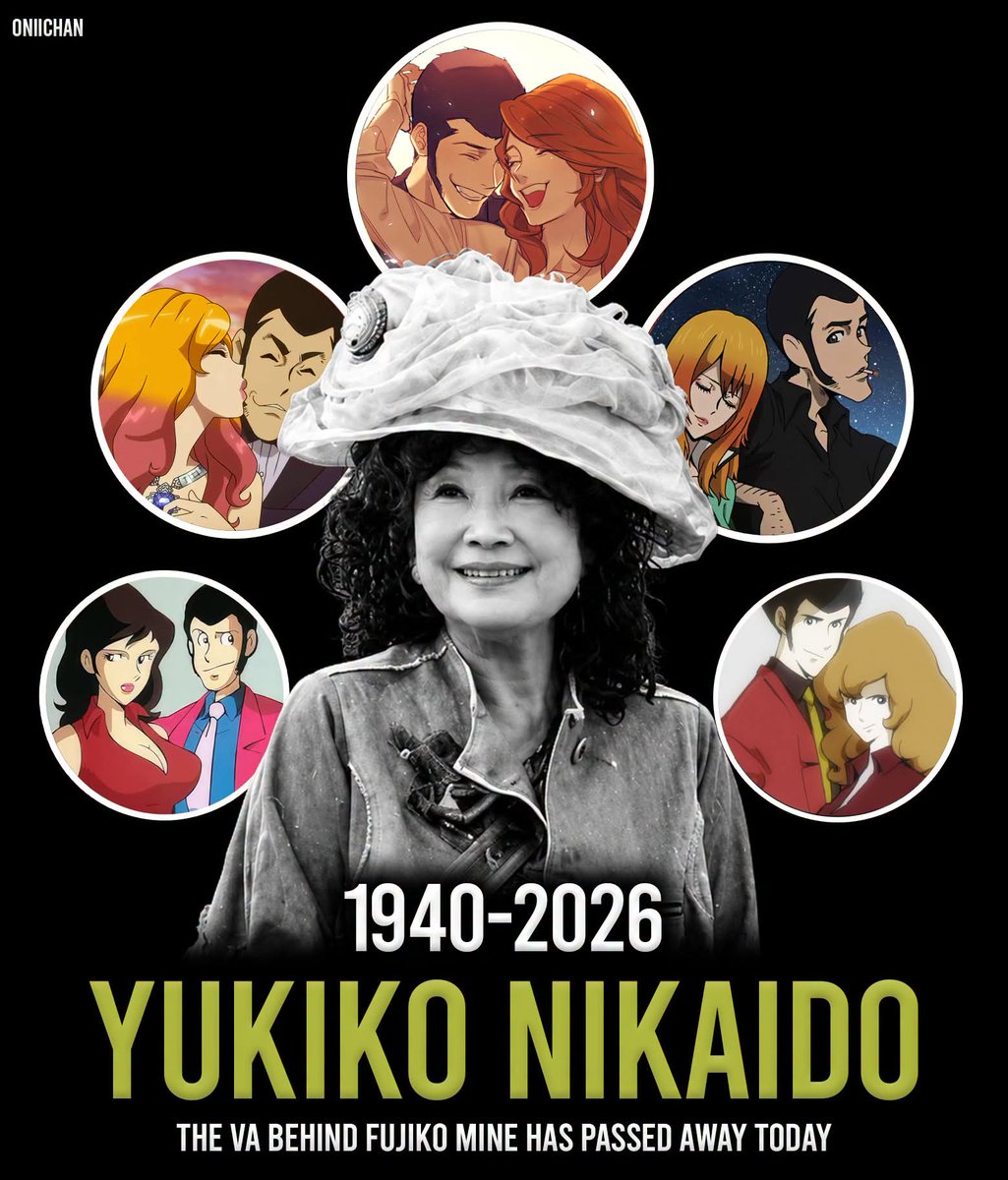 oniichanph's tweet photo. The voice behind Lupin the Third's Fujiko Mine has passed away today 😔

Japanese actress and voice actress Yukiko Nikaido, best known for portraying Fujiko in the 1971 anime Lupin the Third Part I, died peacefully from old age. She was 87. Her son, Sosuke Yagyu, publicly announced her passing today, sharing that a private family funeral had been held.

Nikaido gave Fujiko her first voice in a televised Lupin the Third series, helping establish the character’s confident and alluring personality during the franchise’s earliest era. Her passing means that all five principal voice actors from the original 1971 cast are now gone, marking the end of a historic chapter for the beloved anime franchise.

She began her career as an actress before lending her voice to other classic anime characters, including Anna in Marco: 3000 Leagues in Search of Mother, Sugaru in Kamui Gaiden, and Mrs. Kudo in One-Million Year Trip: Bander Book.

Rest in peace, Yukiko Nikaido. Her voice will forever remain part of Lupin the Third history 🕊️