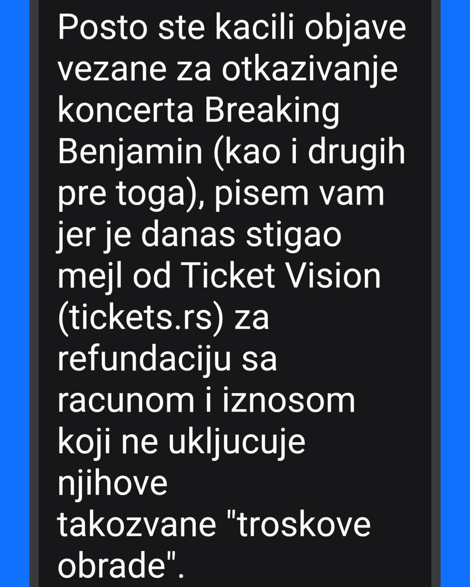 UBKEFEKTIVA's tweet photo. Koliko koncerata i događaja je Ticket Vision otkazao ove i prethodne godine❓

Ovo postaje unosan biznis. Najaviš koncert neke svetske zvezde. Prodaješ ulaznice i uz to, famozni "trošak obrade" u visini od 4% vrednosti ulaznice.

Dan pred koncert (ili na sam dan održavanja), događaj se otkaže.

Zatim, prodavac karata obavesti da će novac biti vraćen, ali ne i famozni trošak obrade kupovine ulaznice (šta god da je to).

Za koncert sa slike, kupci kažu da je otkazan pola sata pre početka. Za kupovinu karata, naplaćena je provizija od oko 4 evra.

Dakle, 5.000 ljudi, po 4 evra, zarada je 20.000 evra. Što kaže narod, niti orao, niti kopao.

I tako zarađuješ na koncertima kojih nema, recimo desetak godišnje, pa sračunajte potencijalnu zaradu.

Naravno, Ticket Vision brutalno obmanjuje kupce, tvrdi da je trošak obrade njihova usluga, koju je kupac dobio, pa je naplaćena. Kao da ljudi kupuju obradu kupovine karata, kao poseban proizvod, a ne ulaznice za događaj. U tim odgovorima, kada spomenete Efektivu, dobićete pojašnjenje da Efektiva nije državni organ i da ne sme tako da se predstavlja ‼️❓ (veze sa životom i temom nema). 🤔

Ovo je pljačka kojoj mora da se stane na put. Tržišna inspekcija ćuti, ne smeju i neće da reaguju, pa oštećeni podnose tužbe. Zakon je jasan: Kada dođe do raskida ugovora (kupovina ulaznica je zaključen ugovor), strana koja nije u mogućnosti da ispuni svoju obavezu, dužna je da vrati sve ono što je primila od druge strane, znači kompletno uplaćeni novac. 

Pre dva dana smo objavili i prvu pravnosnažnu presudu, po tom osnovu.

Važno je da oštećeni ne pređu preko otimačine ćutanjem i mišlju kako je to sitan novac, ne vredi boriti se. Na to ovi i računaju, a na igri malih iznosa i velikih brojki prodatih karata, debelo zarađuju, obmanjujući potrošače.

IZBEGAVAJTE KUPOVINU ULAZNICA PREKO https://t.co/wLu6jBnd0v‼️

Lako se može desiti da ste platili za koncert koji nikada nećete videti, kao i deo novca koji ste dali‼️