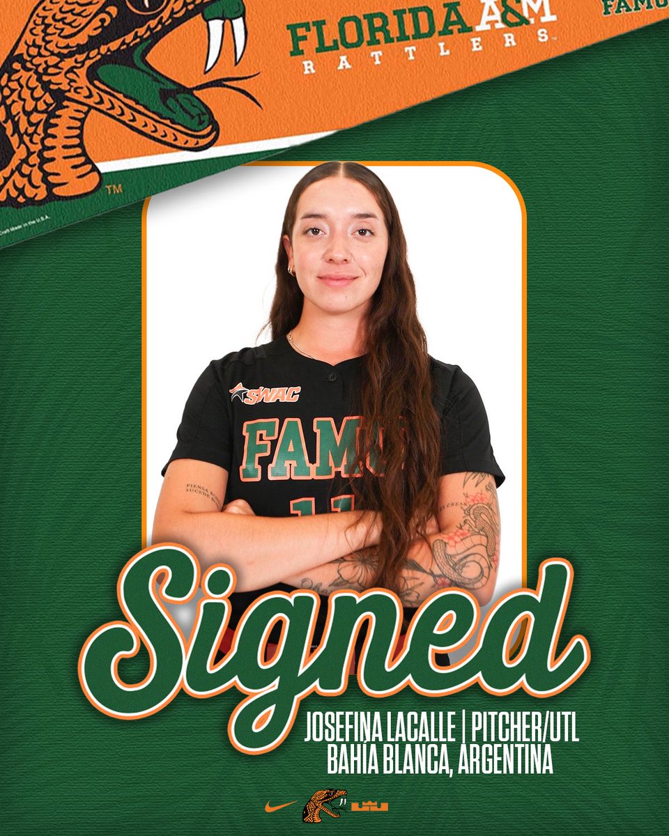 FAMU_Softball's tweet photo. SIGNED &amp; READY!🔥

Join us in celebrating Josefina Lacalle as she officially becomes a part of the Florida A&amp;M Rattlers family!

From Argentina → Tallahassee

#FangsUp https://t.co/PpRY7Vphk5