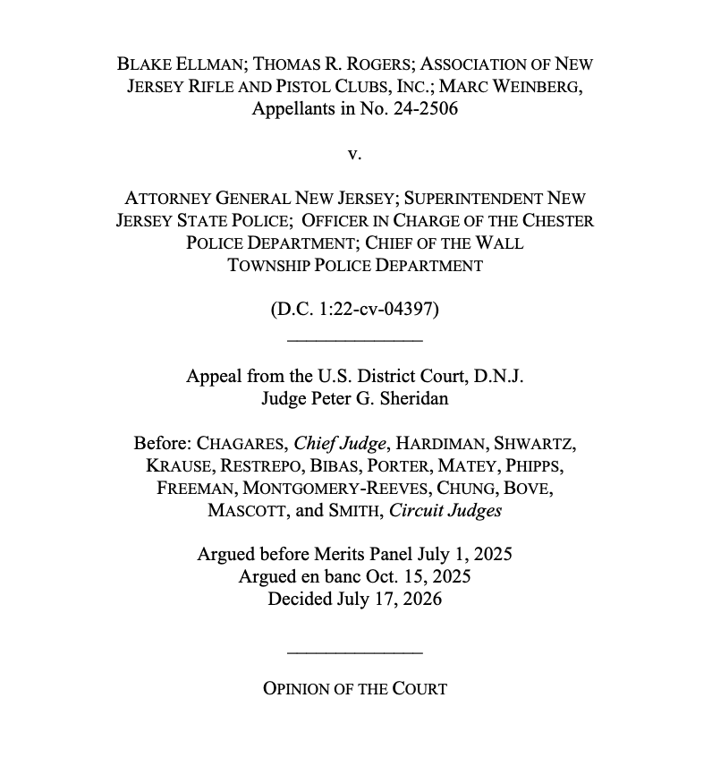 gunpolicy's tweet photo. FPC WIN: Third Circuit strikes down New Jersey's "assault weapon" and magazine bans in an en banc decision whose 192 pages include numerous concurrences and dissents: https://t.co/XrjnZkKX5L https://t.co/gxyxESuvg7