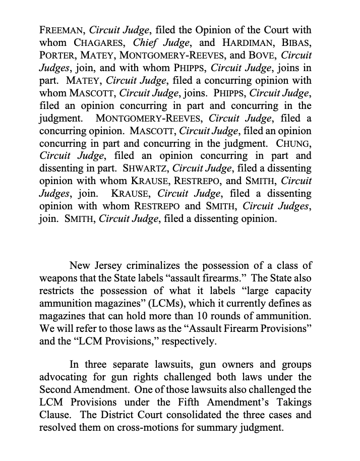 gunpolicy's tweet photo. FPC WIN: Third Circuit strikes down New Jersey's "assault weapon" and magazine bans in an en banc decision whose 192 pages include numerous concurrences and dissents: https://t.co/XrjnZkKX5L https://t.co/gxyxESuvg7