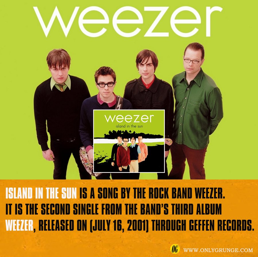 OnlyGrunge1's tweet photo. 💿'Island in the Sun' is a song by Weezer. It was released as the second single from the band's third album, Weezer, on (July 16, 2001) through Geffen Records.
https://t.co/89w5DIe02G
#weezer #islandinthesun #singlealbum https://t.co/oIb78eyLAa