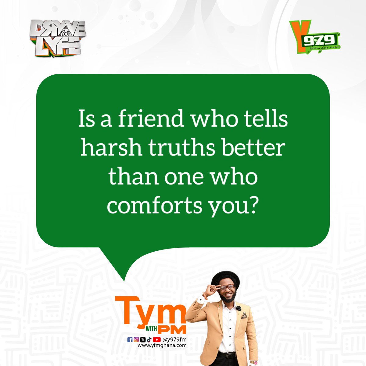 Y979FM's tweet photo. Real talk time! 👀
Do you prefer a friend who gives it to you straight, no filter, or the one who wraps you up in comfort when things get tough?
Catch the discussion on #TymWithPM w/ @PmDePresenter (PM)!
Drop your thoughts below! 👇🏾👇🏾
#YFMGhana
#TheDrYve https://t.co/INFvW0u70J